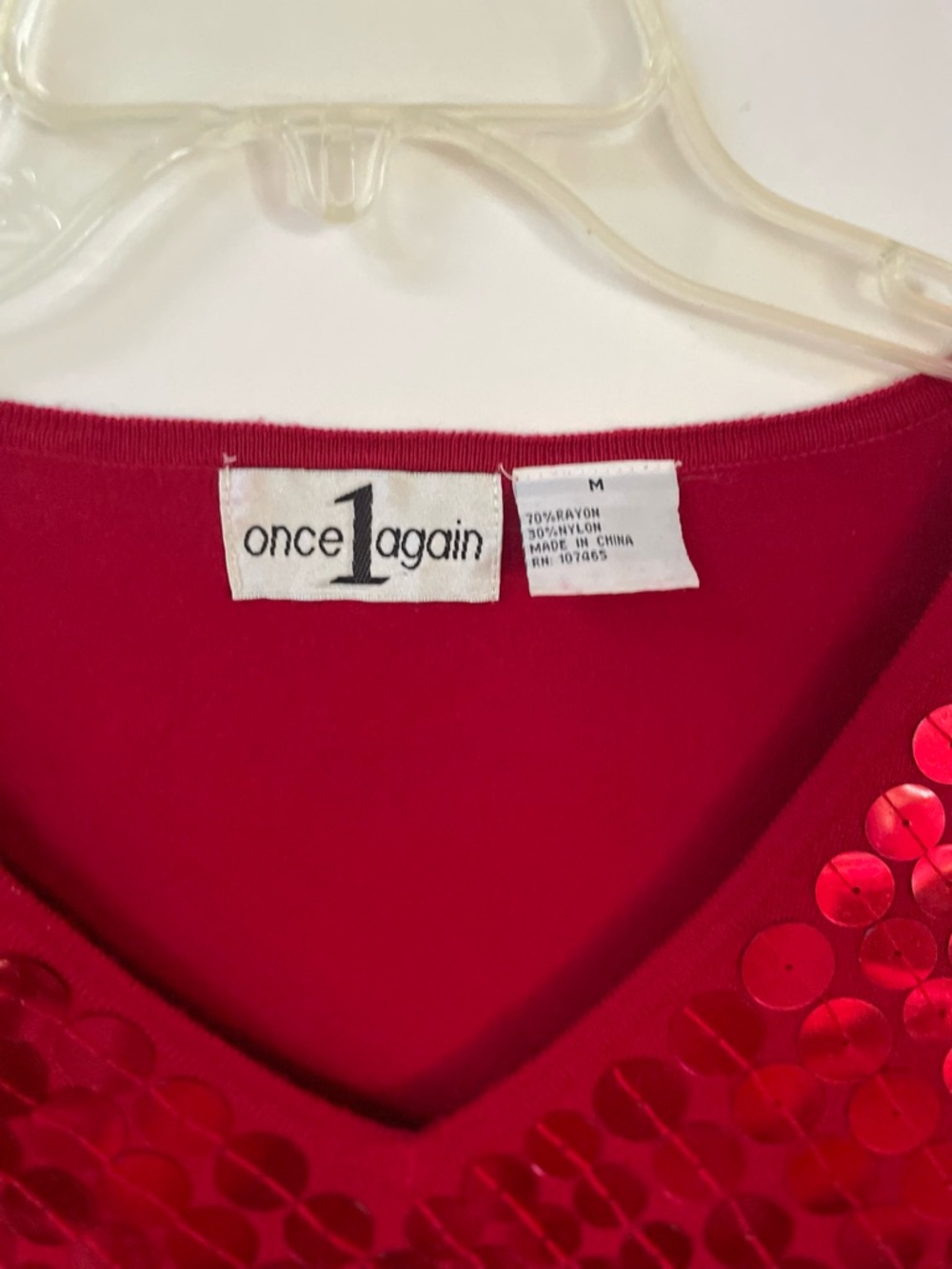 Once Again Red Sequin V-Neck Sweater size M - Picture 3 of 6